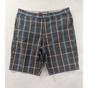Tony Hawk Shorts Mens Size 36 Blue Black Plaid Bermuda Flat Front Slash Pockets